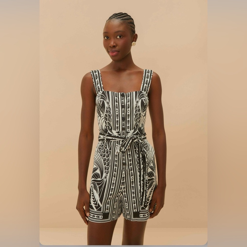 Farm Rio Off-White Monochrome Elegance Scarf Romper